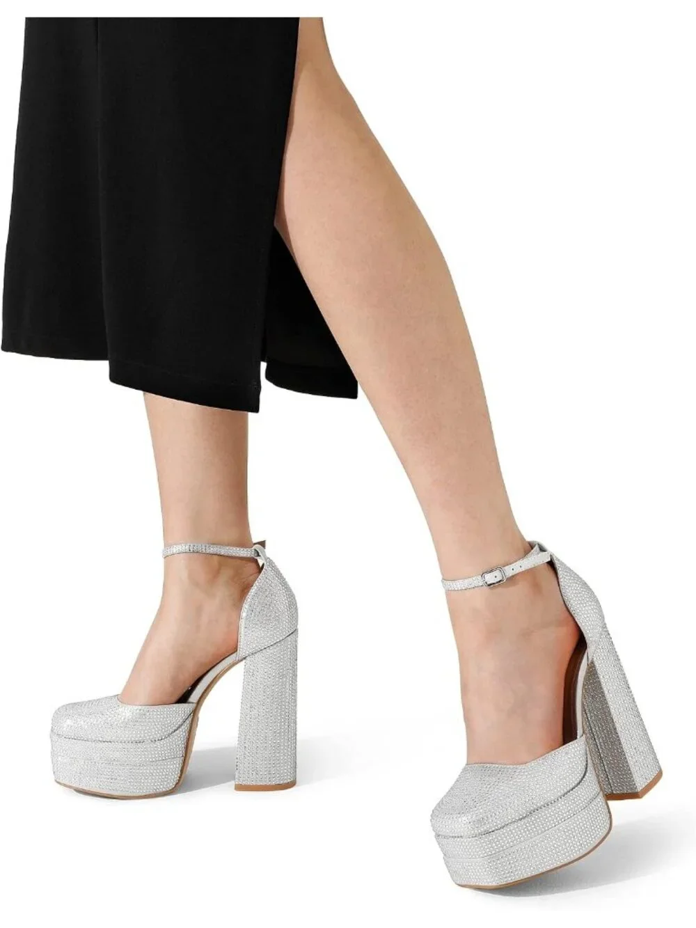 Dream Pairs Women's Silver Square Closed Toe Ankle Strap High Platform Heels